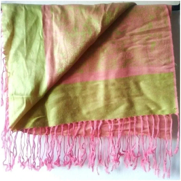 LARGE TASSEL SCARF - PINK/GOLD/GREEN - Picture 2 of 3